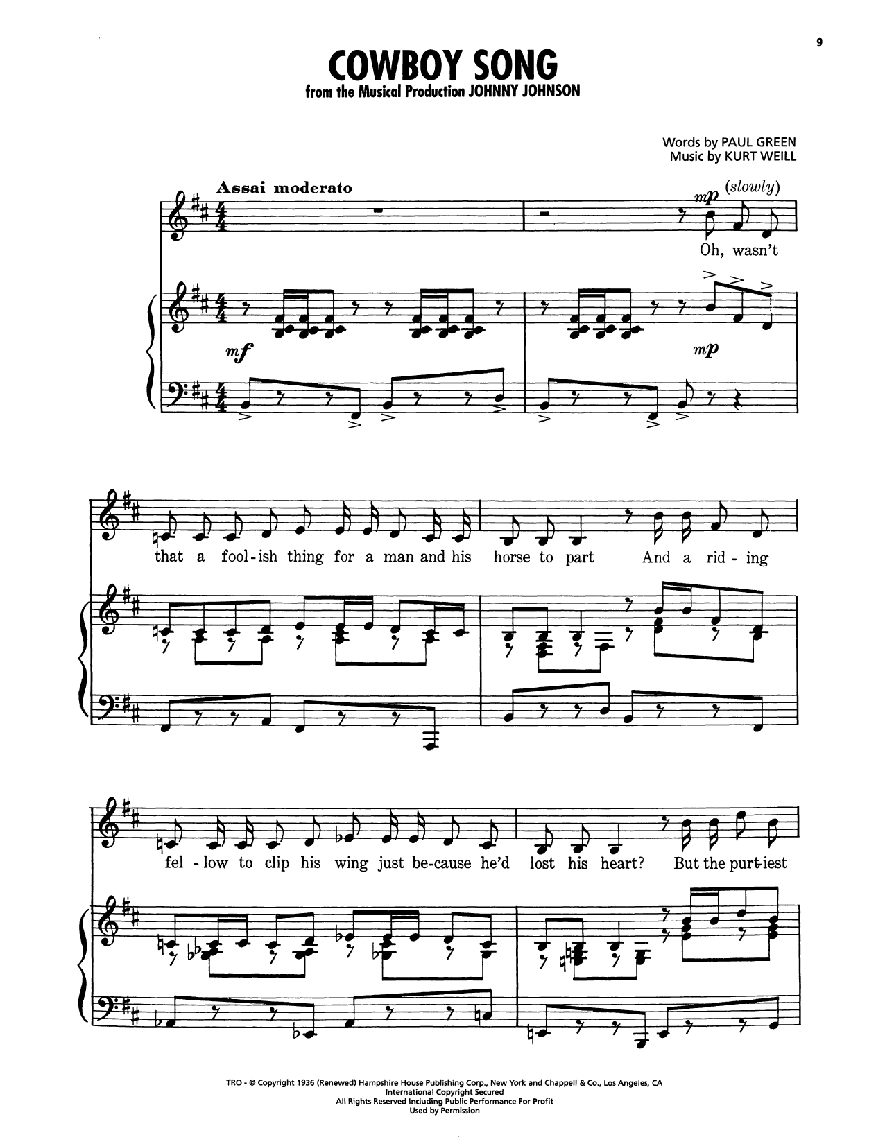 Kurt Weill Cowboy Song (from Johnny Johnson) sheet music notes and chords arranged for Piano, Vocal & Guitar Chords (Right-Hand Melody)