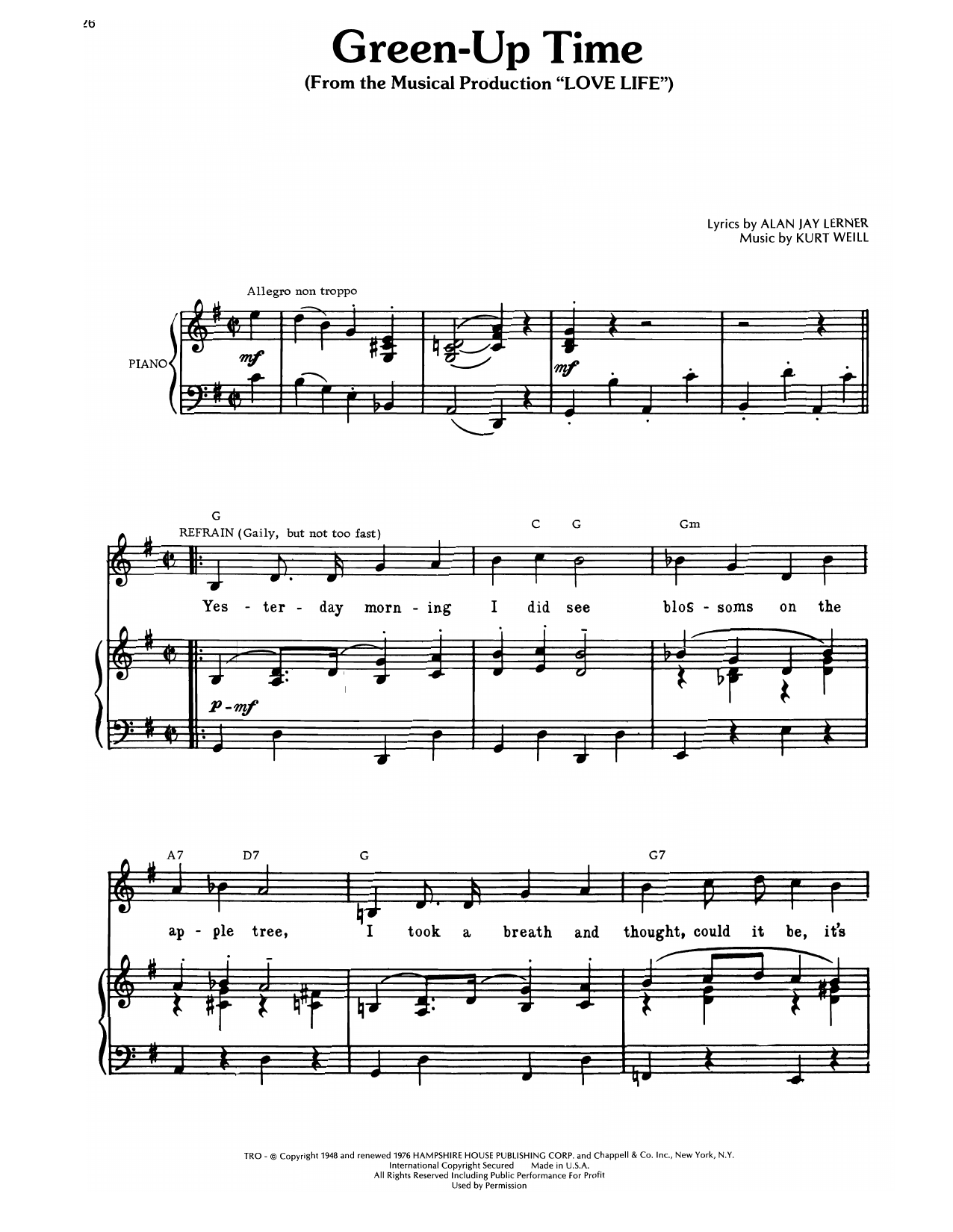 Kurt Weill Green-Up Time (from Love Life) sheet music notes and chords arranged for Piano, Vocal & Guitar Chords (Right-Hand Melody)
