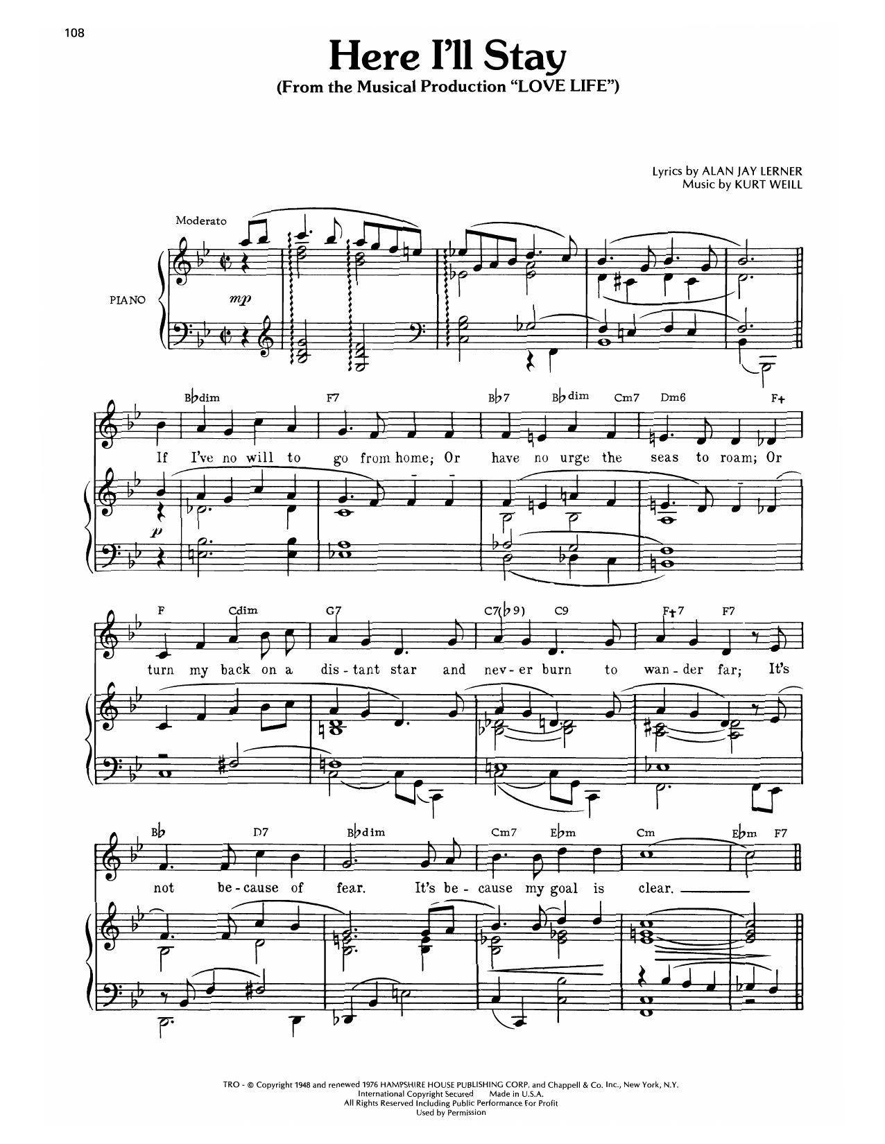 Kurt Weill Here I'll Stay (from Love Life) sheet music notes and chords arranged for Piano, Vocal & Guitar Chords (Right-Hand Melody)