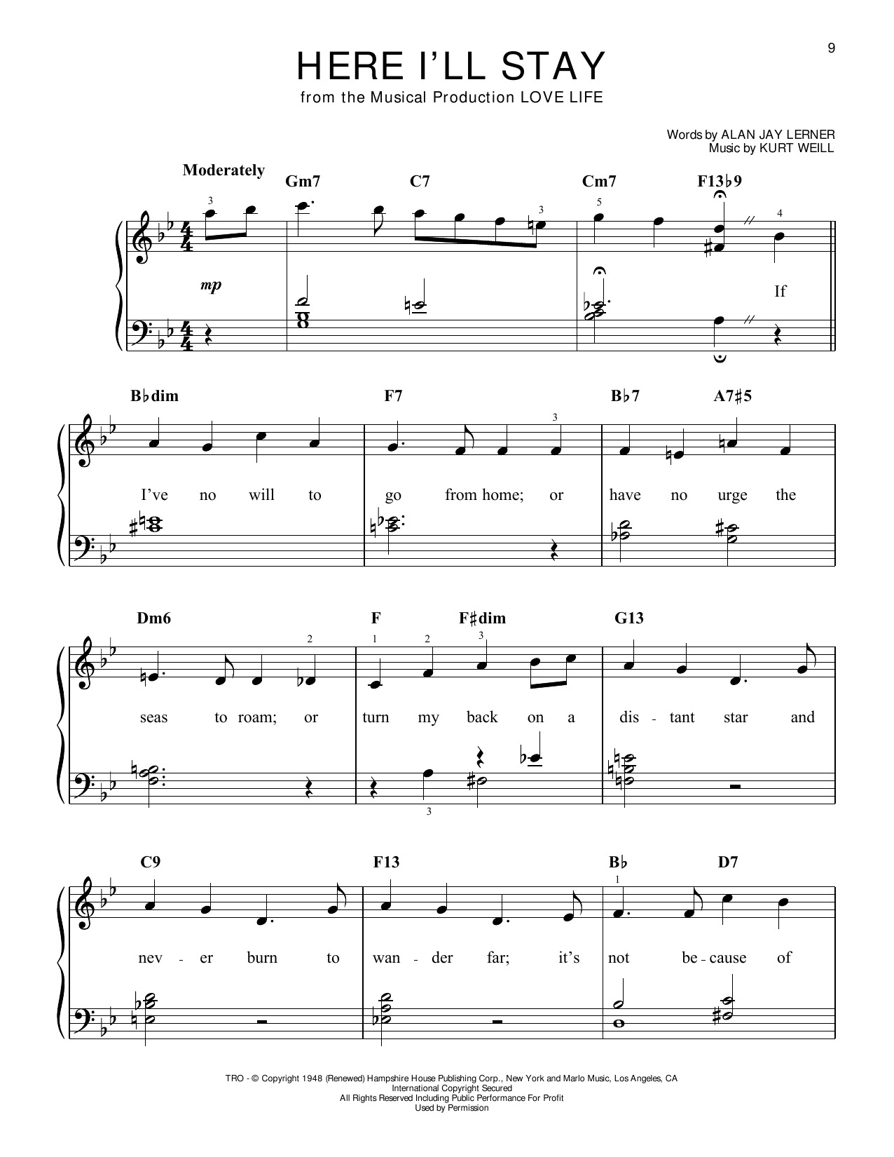 Kurt Weill Here I'll Stay sheet music notes and chords arranged for Easy Piano