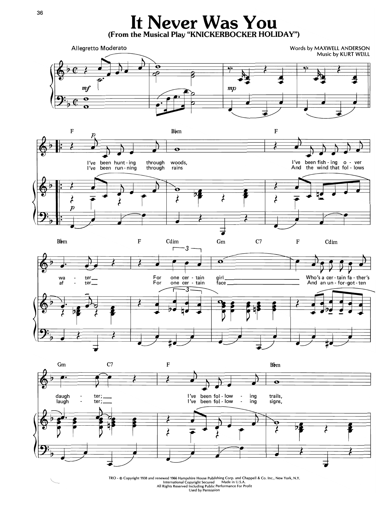 Kurt Weill It Never Was You (from Knickerbocker Holiday) sheet music notes and chords arranged for Piano, Vocal & Guitar Chords (Right-Hand Melody)
