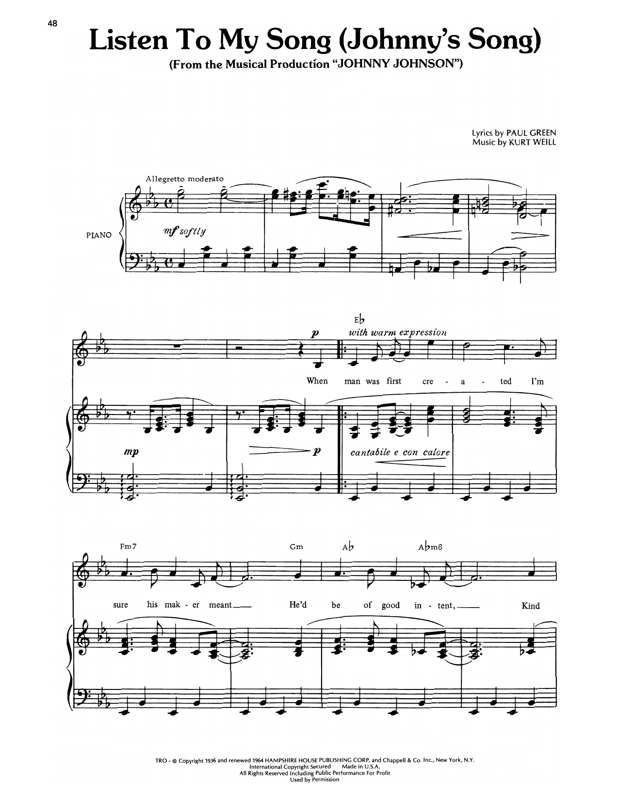 Kurt Weill Listen To My Song (from Johnny Johnson) sheet music notes and chords arranged for Piano, Vocal & Guitar Chords (Right-Hand Melody)