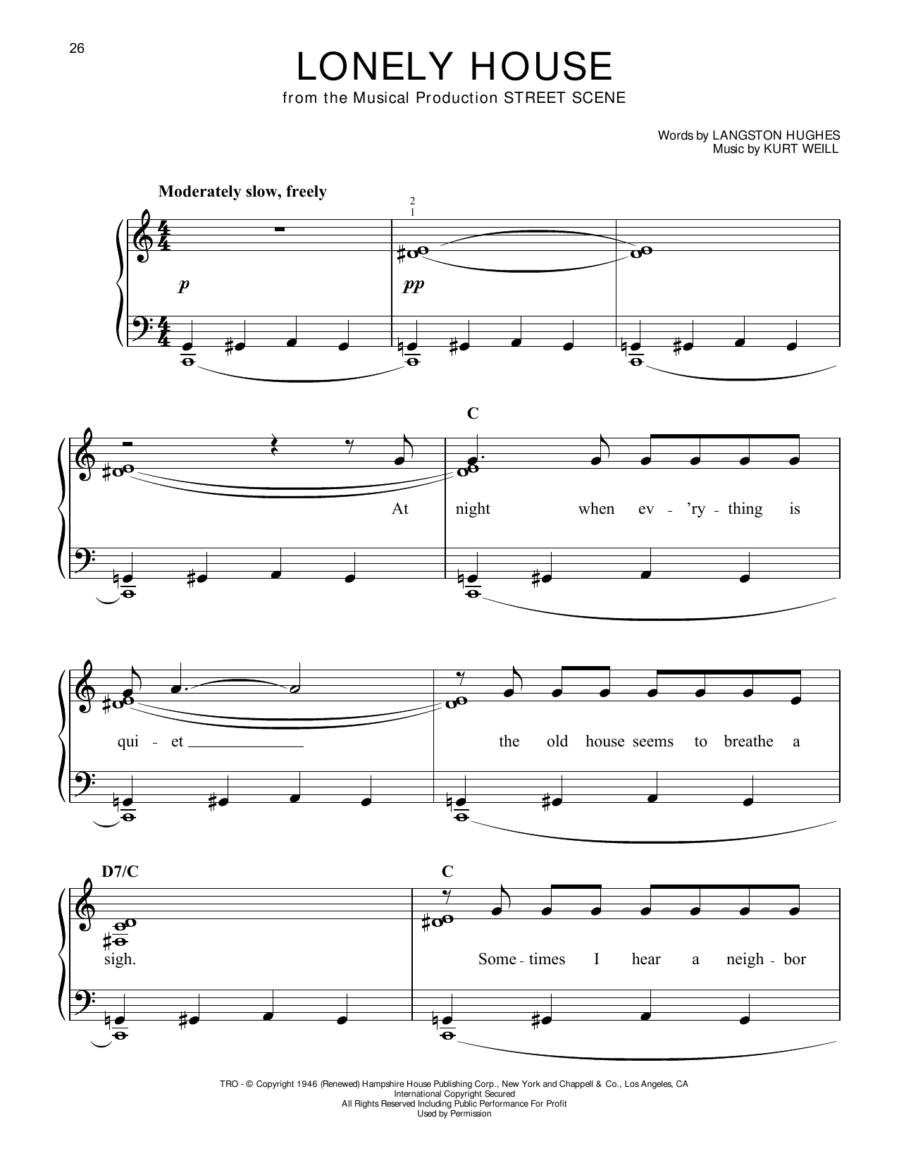 Kurt Weill Lonely House (from Street Scene) sheet music notes and chords arranged for Easy Piano