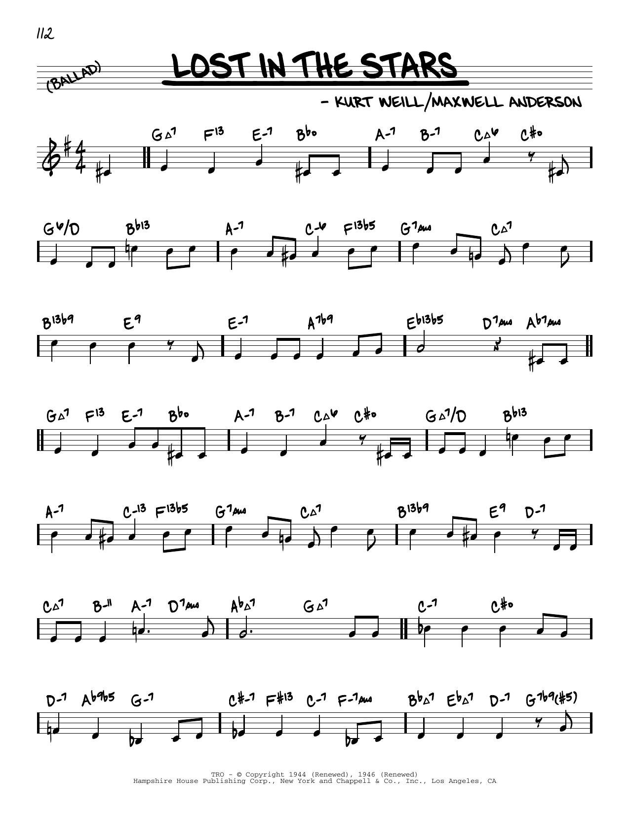 Kurt Weill Lost In The Stars (arr. David Hazeltine) sheet music notes and chords arranged for Real Book – Enhanced Chords