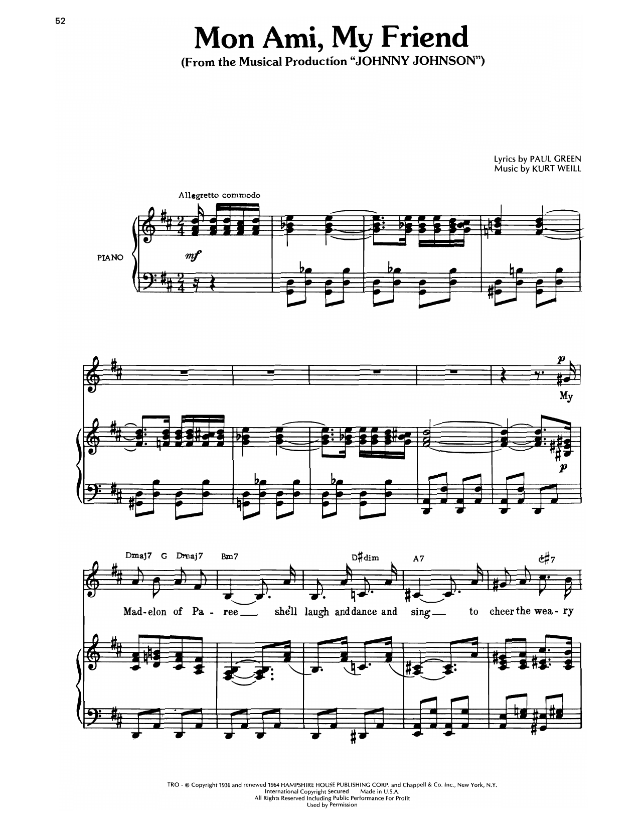 Kurt Weill Mon Ami, My Friend (from Johnny Johnson) sheet music notes and chords arranged for Piano, Vocal & Guitar Chords (Right-Hand Melody)