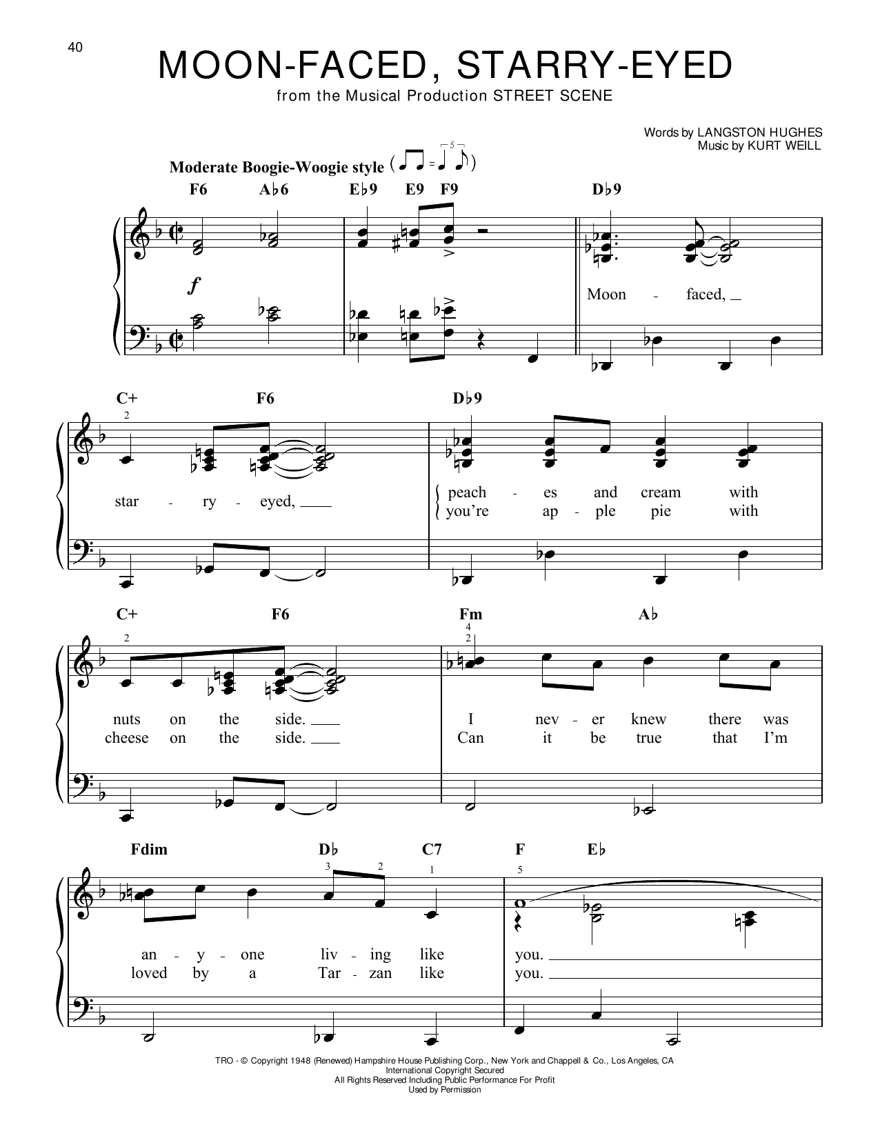 Kurt Weill Moon-Faced, Starry-Eyed (from Street Scene) sheet music notes and chords arranged for Easy Piano