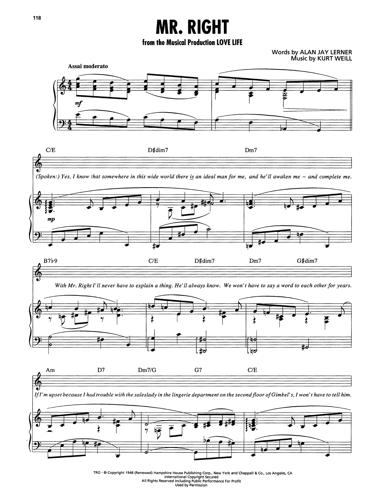 Kurt Weill Mr. Right (from Love Life) sheet music notes and chords arranged for Piano, Vocal & Guitar Chords (Right-Hand Melody)