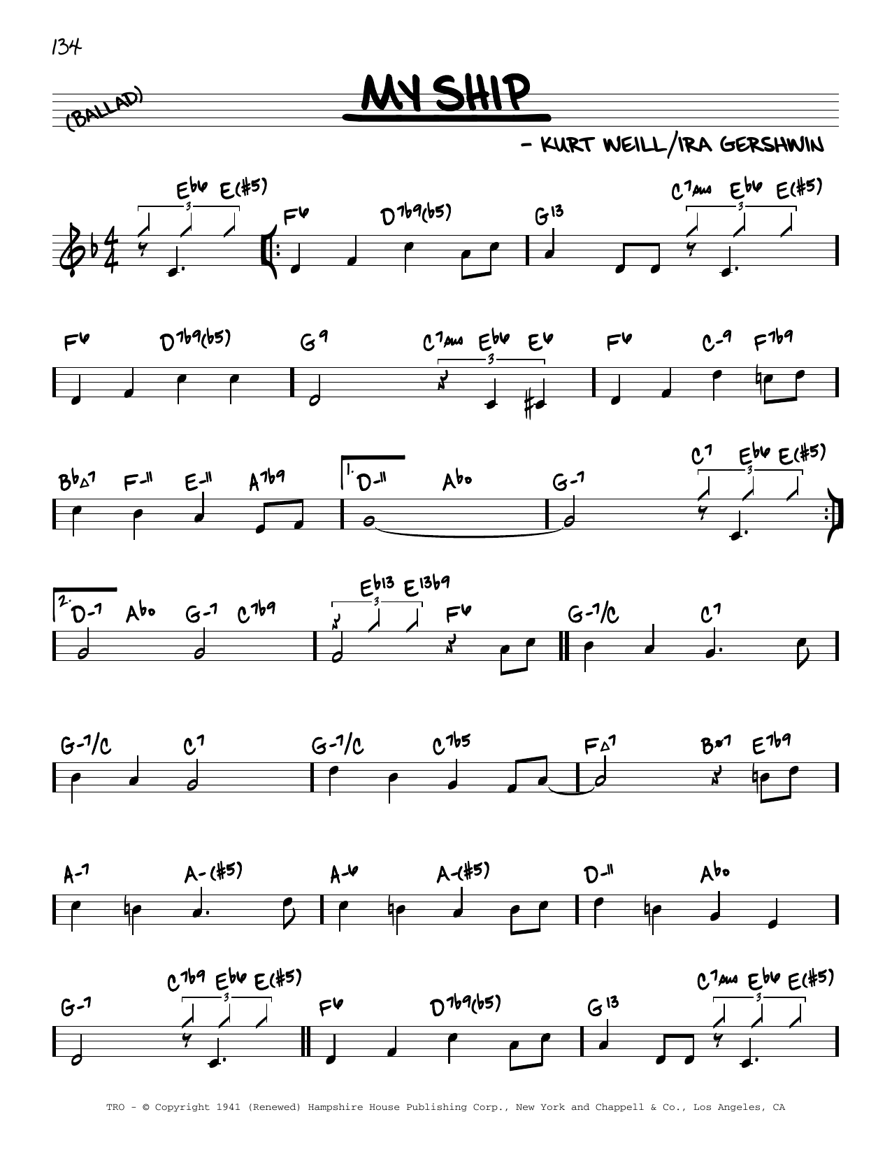 Kurt Weill My Ship (arr. David Hazeltine) sheet music notes and chords arranged for Real Book – Enhanced Chords