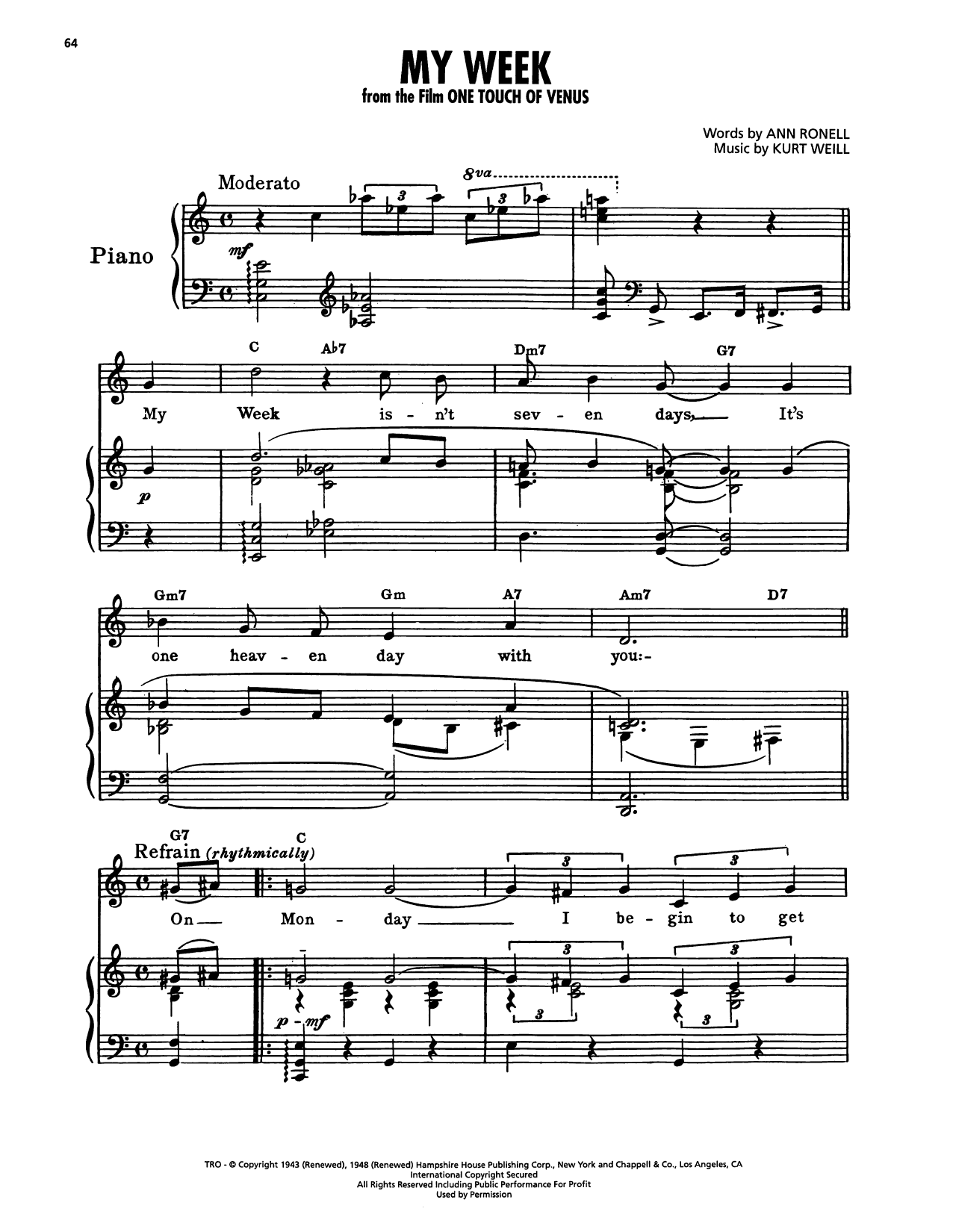 Kurt Weill My Week (from One Touch Of Venus) sheet music notes and chords arranged for Piano, Vocal & Guitar Chords (Right-Hand Melody)