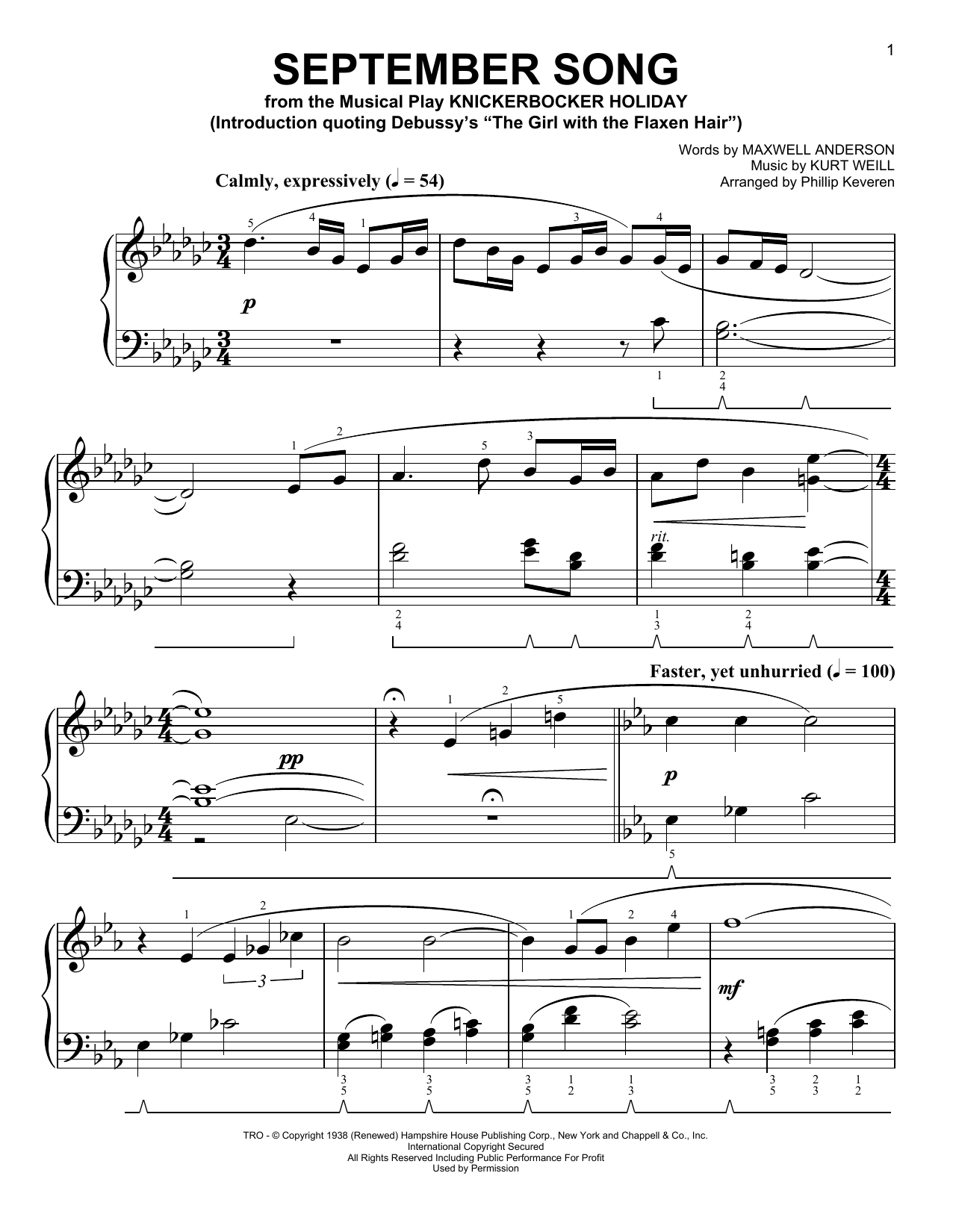 Kurt Weill September Song [Classical version] (arr. Phillip Keveren) sheet music notes and chords arranged for Easy Piano