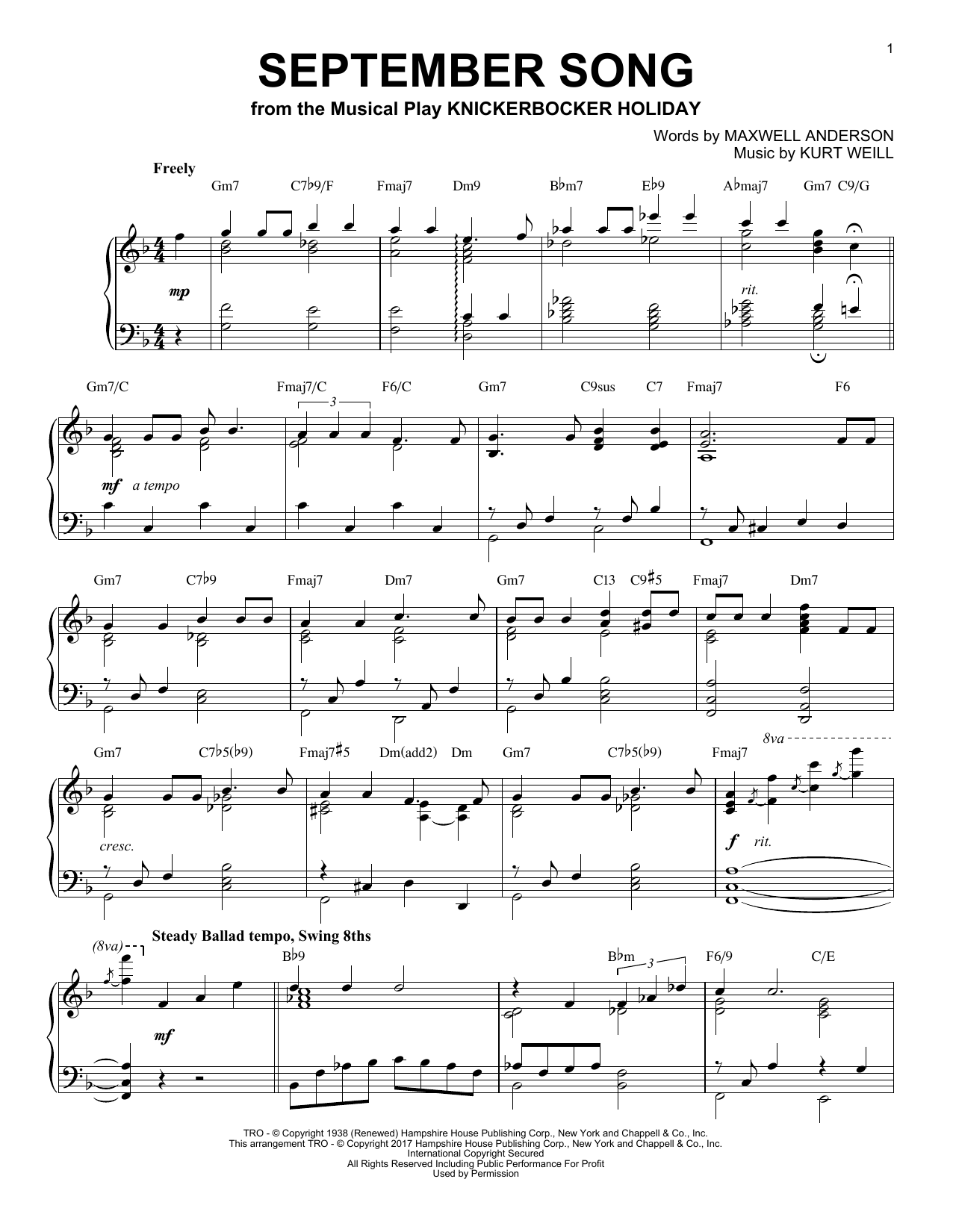 Kurt Weill September Song [Jazz version] sheet music notes and chords arranged for Piano Solo