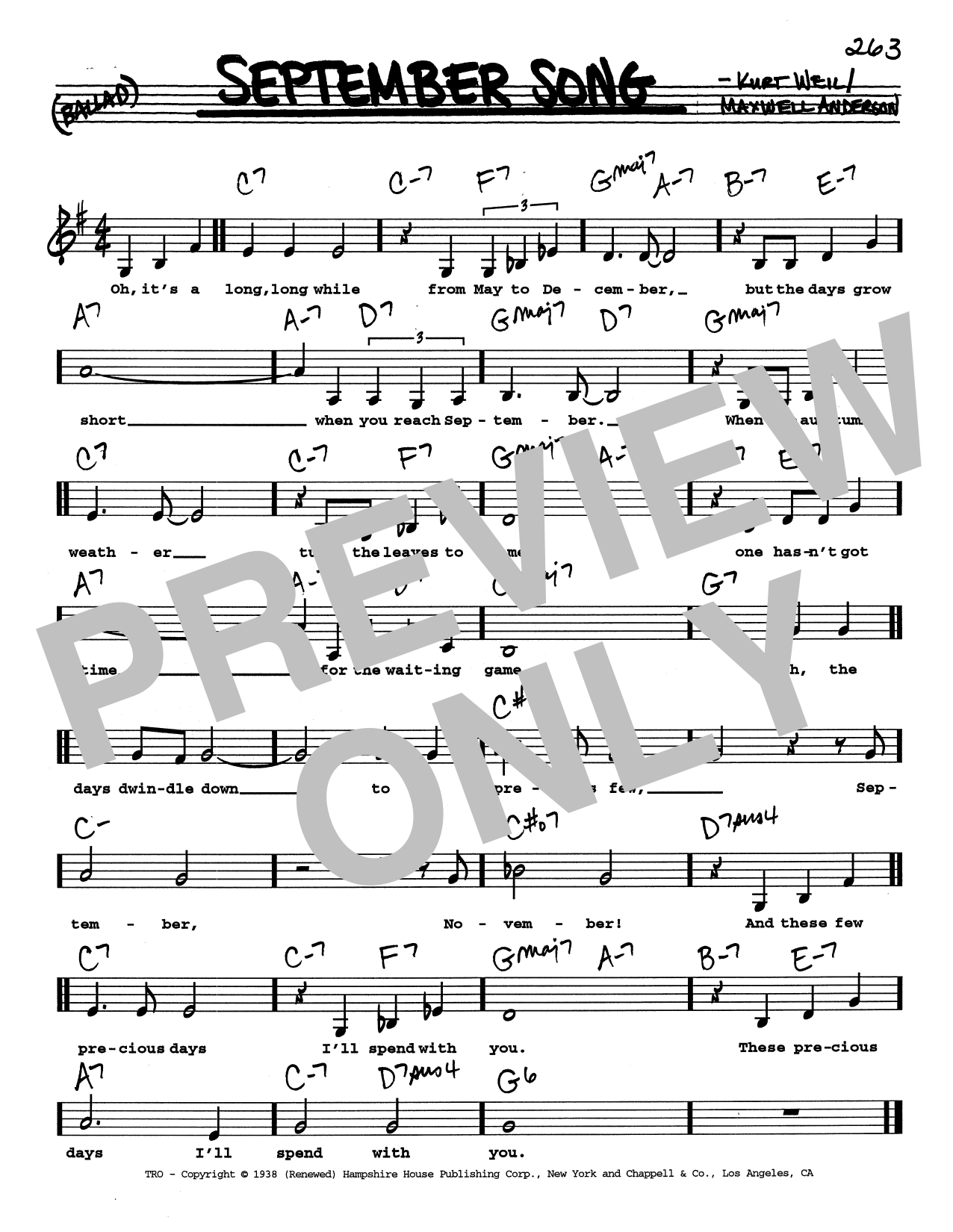 Kurt Weill September Song (Low Voice) sheet music notes and chords arranged for Real Book – Melody, Lyrics & Chords