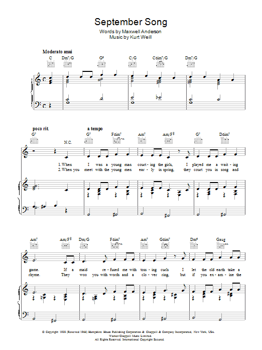 Kurt Weill September Song sheet music notes and chords arranged for Lead Sheet / Fake Book
