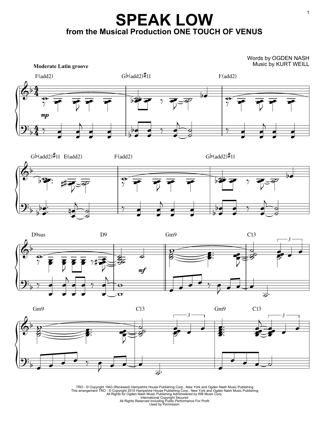Kurt Weill Speak Low [Jazz version] (arr. Brent Edstrom) sheet music notes and chords arranged for Piano Solo