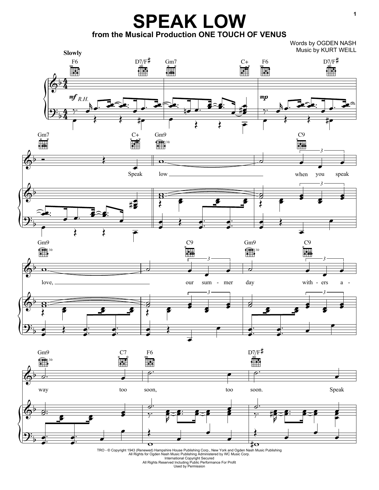 Kurt Weill Speak Low sheet music notes and chords arranged for Pro Vocal