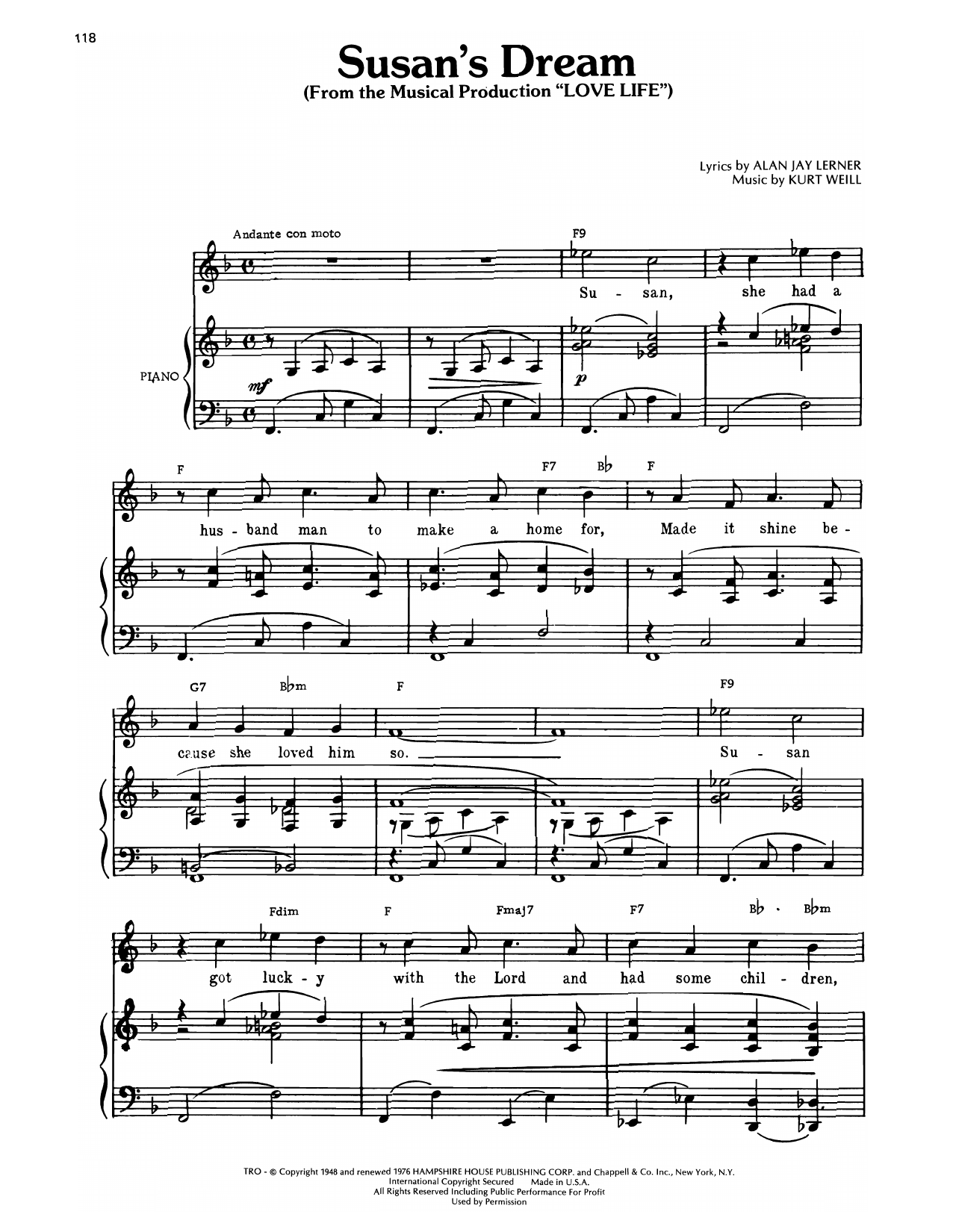 Kurt Weill Susan's Dream (from Love Life) sheet music notes and chords arranged for Piano, Vocal & Guitar Chords (Right-Hand Melody)
