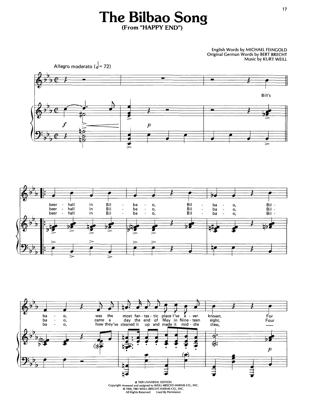 Kurt Weill The Bilbao Song (from Happy End) sheet music notes and chords arranged for Piano, Vocal & Guitar Chords (Right-Hand Melody)