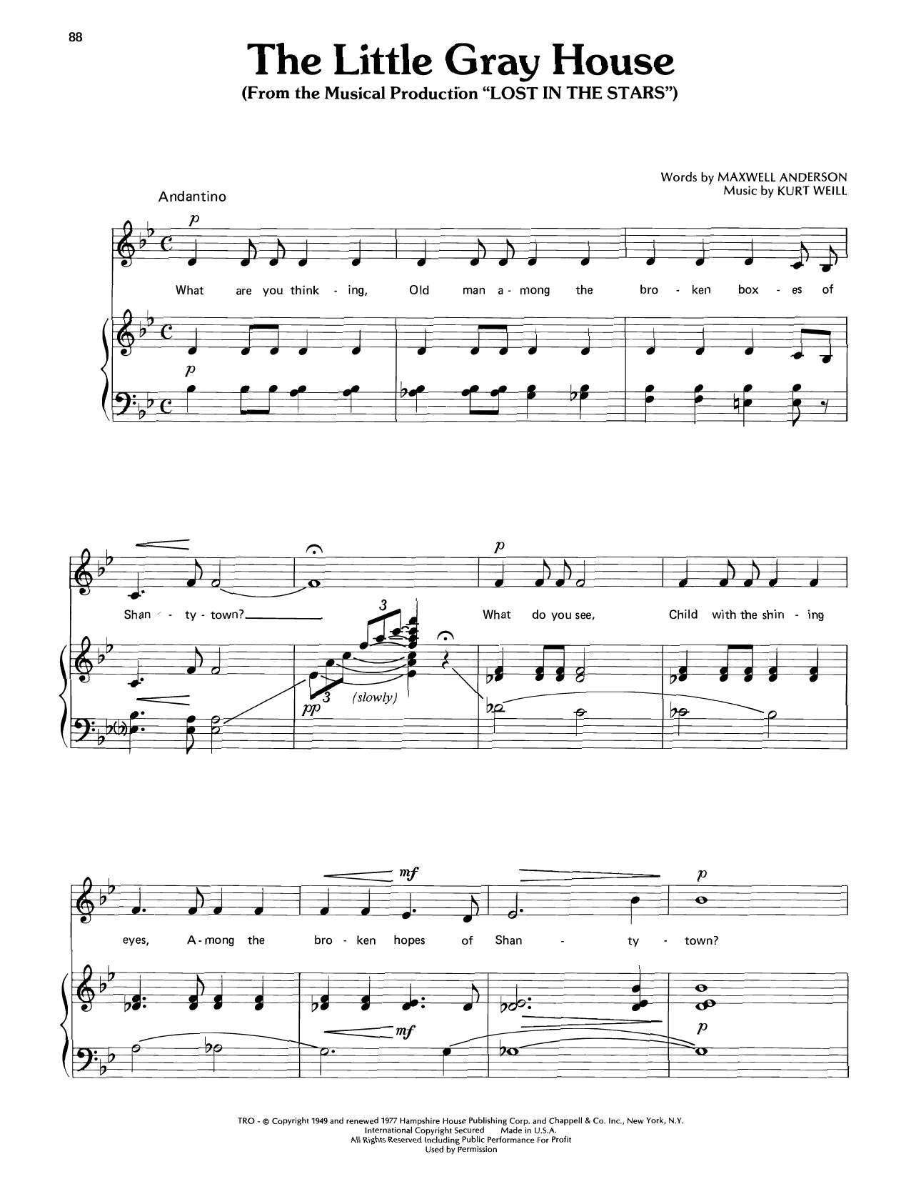 Kurt Weill The Little Gray House (from Lost In The Stars) sheet music notes and chords arranged for Piano, Vocal & Guitar Chords (Right-Hand Melody)