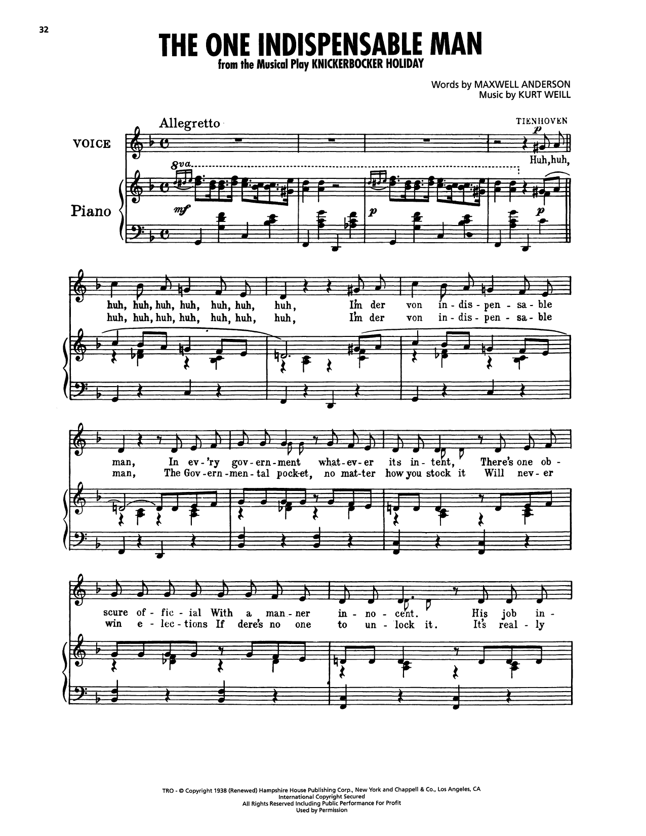 Kurt Weill The One Indispensable Man (from Knickerbocker Holiday) sheet music notes and chords arranged for Piano, Vocal & Guitar Chords (Right-Hand Melody)