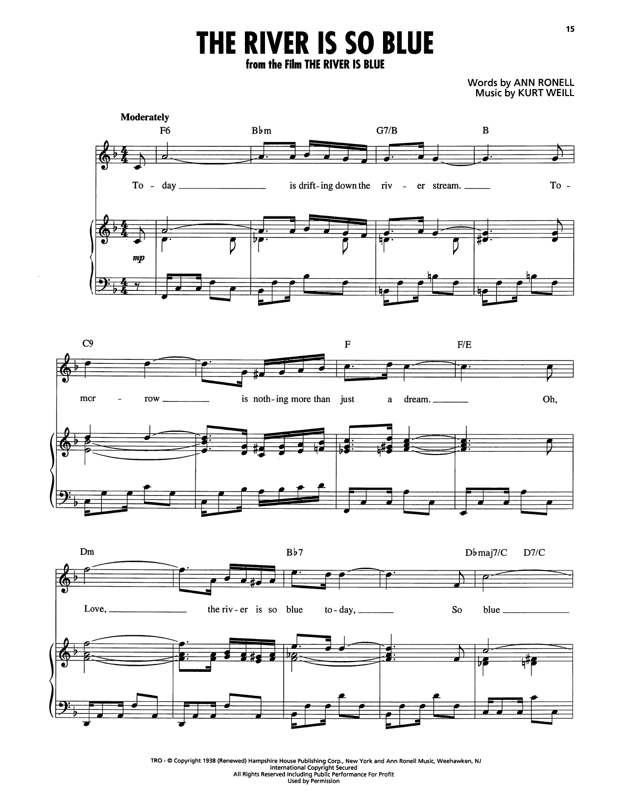 Kurt Weill The River Is So Blue sheet music notes and chords arranged for Piano, Vocal & Guitar Chords (Right-Hand Melody)