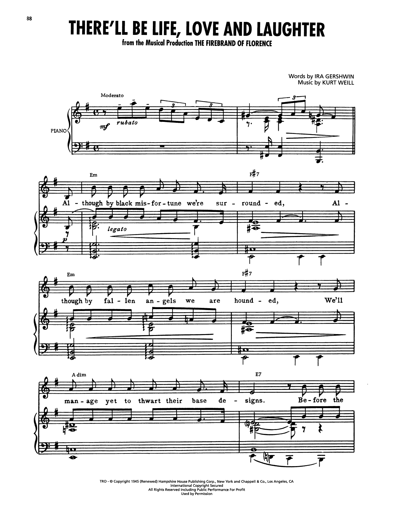 Kurt Weill There'll Be Life, Love And Laughter (from The Firebrand Of Florence) sheet music notes and chords arranged for Piano, Vocal & Guitar Chords (Right-Hand Melody)