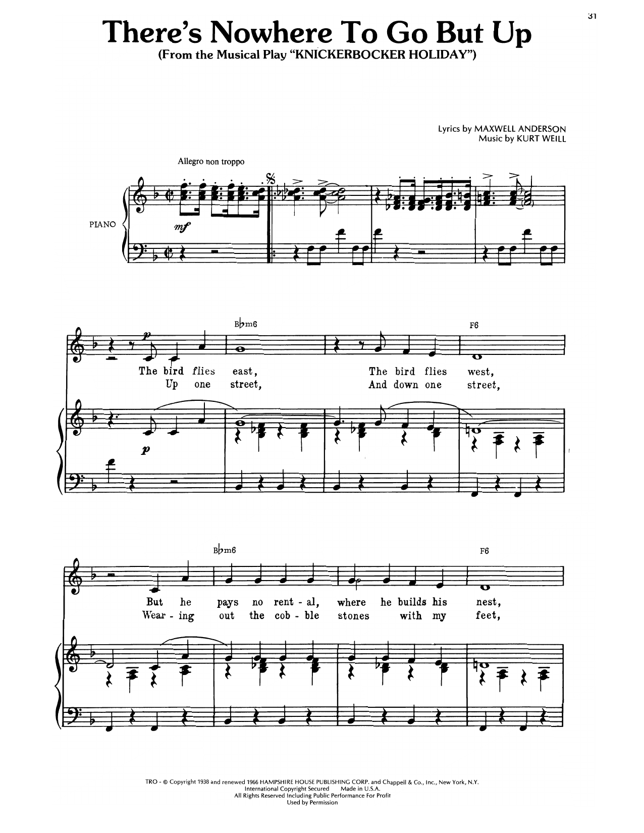 Kurt Weill There's Nowhere To Go But Up (from Knickerbocker Holiday) sheet music notes and chords arranged for Piano, Vocal & Guitar Chords (Right-Hand Melody)