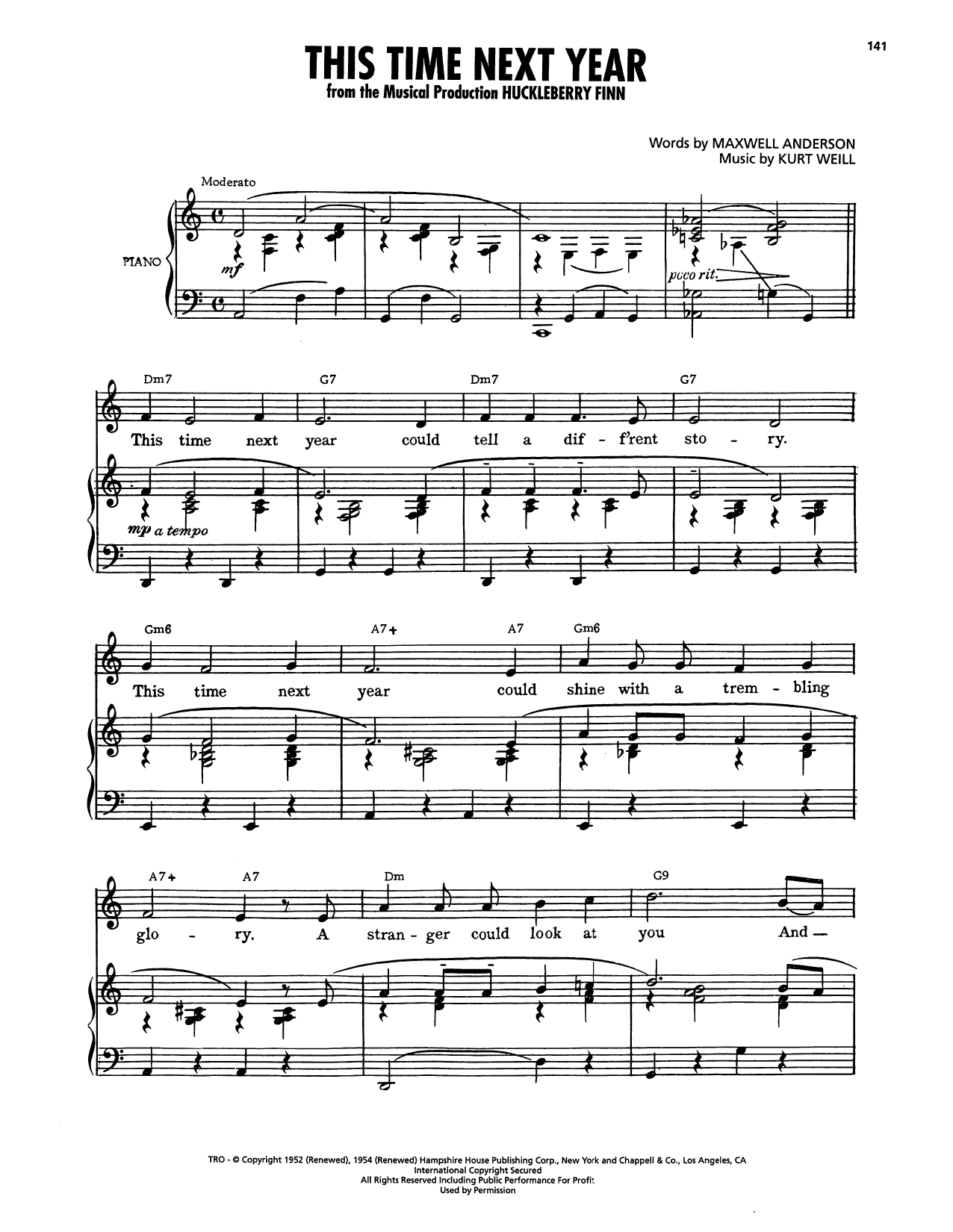 Kurt Weill This Time Next Year (from Huckleberry Finn) sheet music notes and chords arranged for Piano, Vocal & Guitar Chords (Right-Hand Melody)