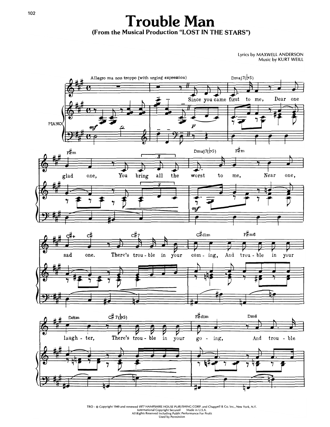 Kurt Weill Trouble Man (from Lost In The Stars) sheet music notes and chords arranged for Piano, Vocal & Guitar Chords (Right-Hand Melody)
