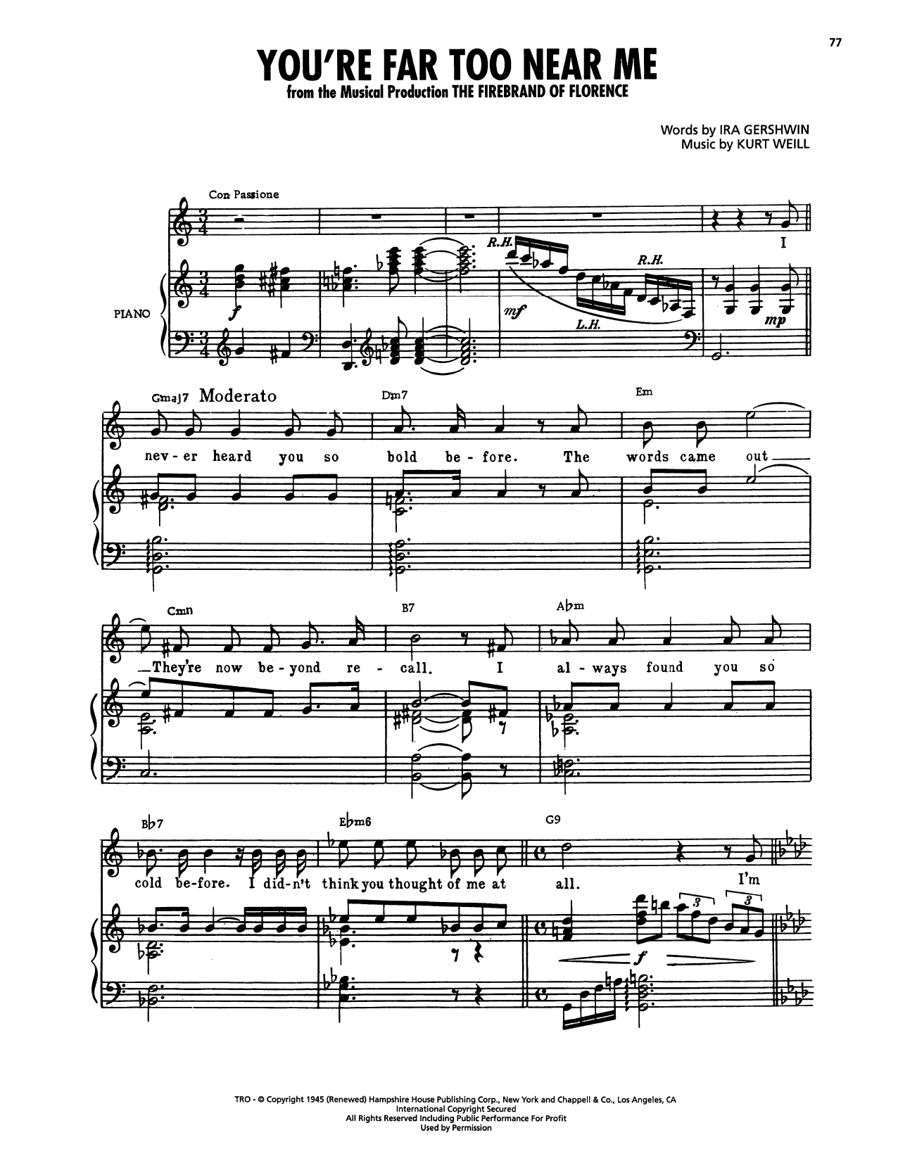 Kurt Weill You're Far Too Near Me (from The Firebrand Of Florence) sheet music notes and chords arranged for Piano, Vocal & Guitar Chords (Right-Hand Melody)