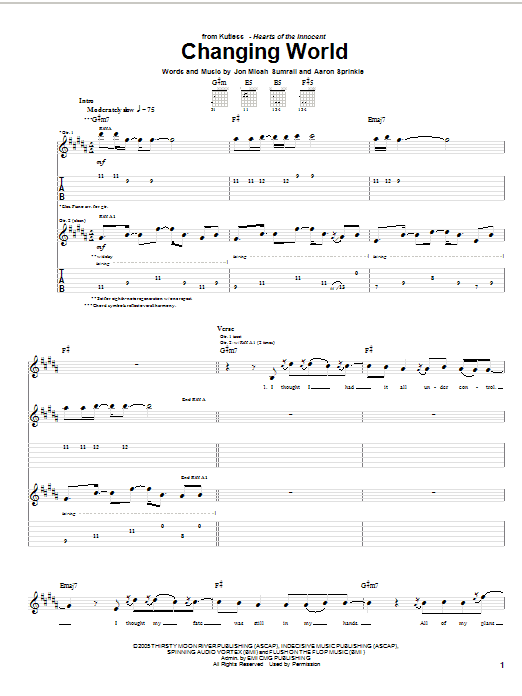 Kutless Changing World sheet music notes and chords arranged for Guitar Tab