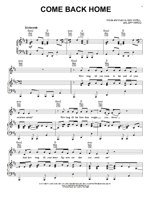 Kutless Come Back Home sheet music notes and chords arranged for Piano, Vocal & Guitar Chords (Right-Hand Melody)