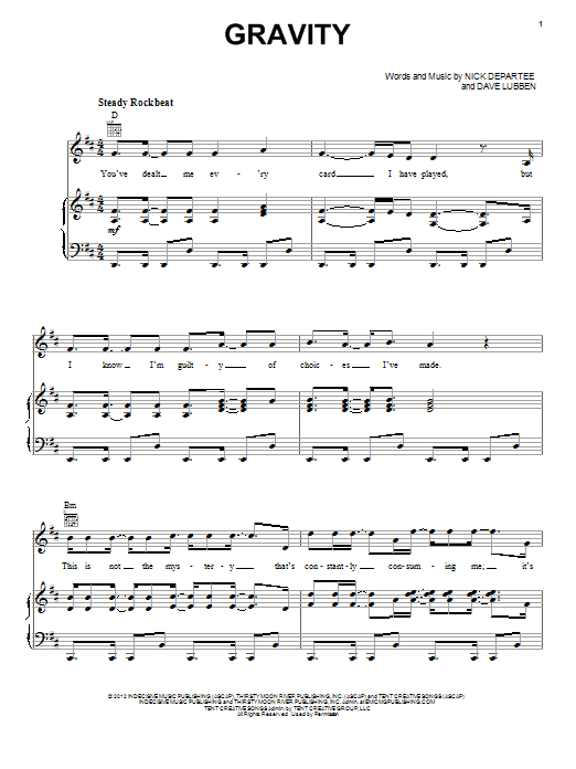 Kutless Gravity sheet music notes and chords arranged for Piano, Vocal & Guitar Chords (Right-Hand Melody)
