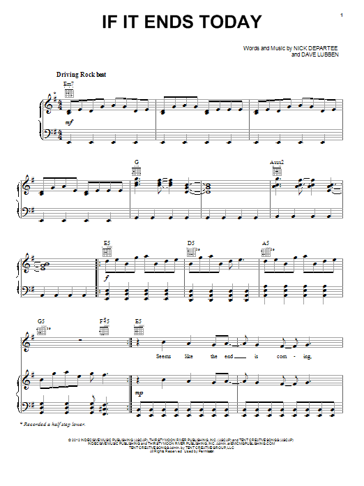 Kutless If It Ends Today sheet music notes and chords arranged for Piano, Vocal & Guitar Chords (Right-Hand Melody)