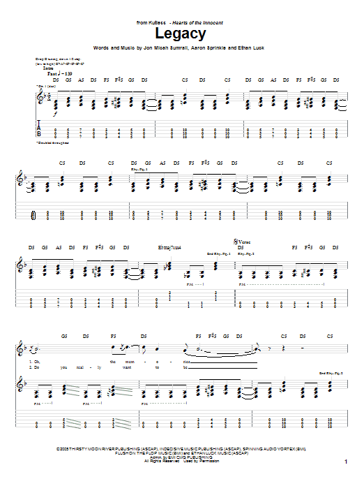 Kutless Legacy sheet music notes and chords arranged for Guitar Tab