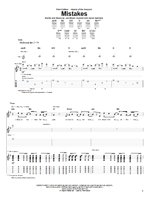 Kutless Mistakes sheet music notes and chords arranged for Guitar Tab