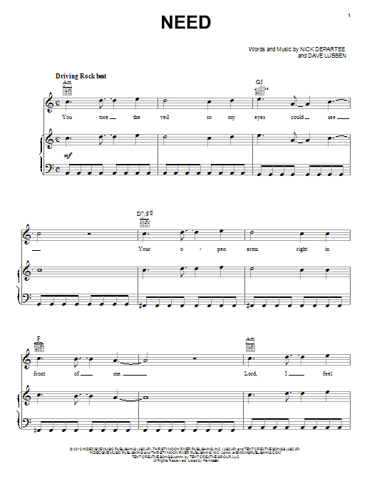 Kutless Need sheet music notes and chords arranged for Piano, Vocal & Guitar Chords (Right-Hand Melody)