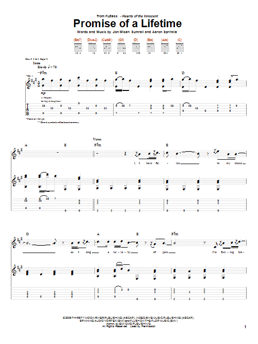 Kutless Promise Of A Lifetime sheet music notes and chords arranged for Piano, Vocal & Guitar Chords (Right-Hand Melody)