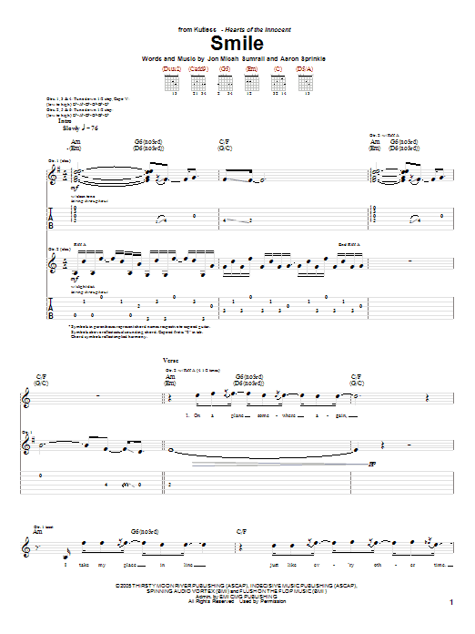 Kutless Smile sheet music notes and chords arranged for Guitar Tab