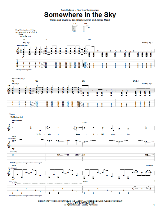 Kutless Somewhere In The Sky sheet music notes and chords arranged for Guitar Tab