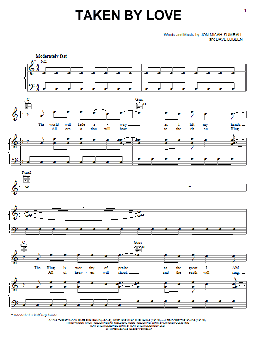 Kutless Taken By Love sheet music notes and chords arranged for Piano, Vocal & Guitar Chords (Right-Hand Melody)