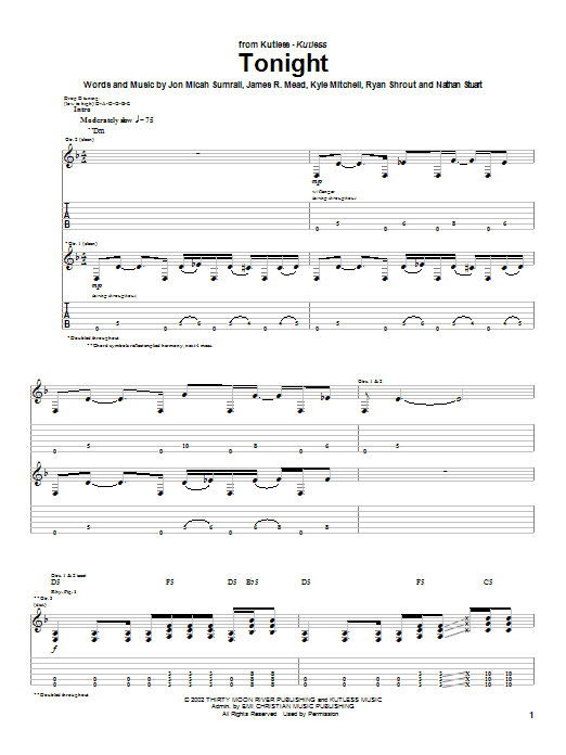 Kutless Tonight sheet music notes and chords arranged for Guitar Tab