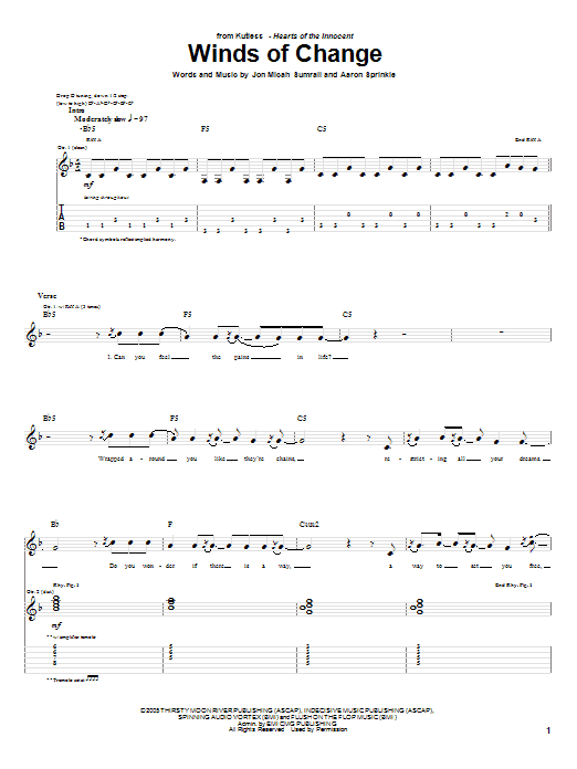 Kutless Winds Of Change sheet music notes and chords arranged for Guitar Tab