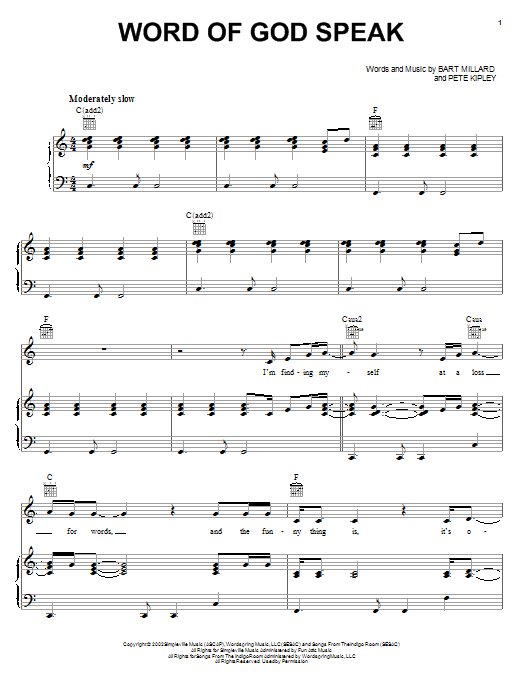 Kutless Word Of God Speak sheet music notes and chords arranged for Piano, Vocal & Guitar Chords (Right-Hand Melody)