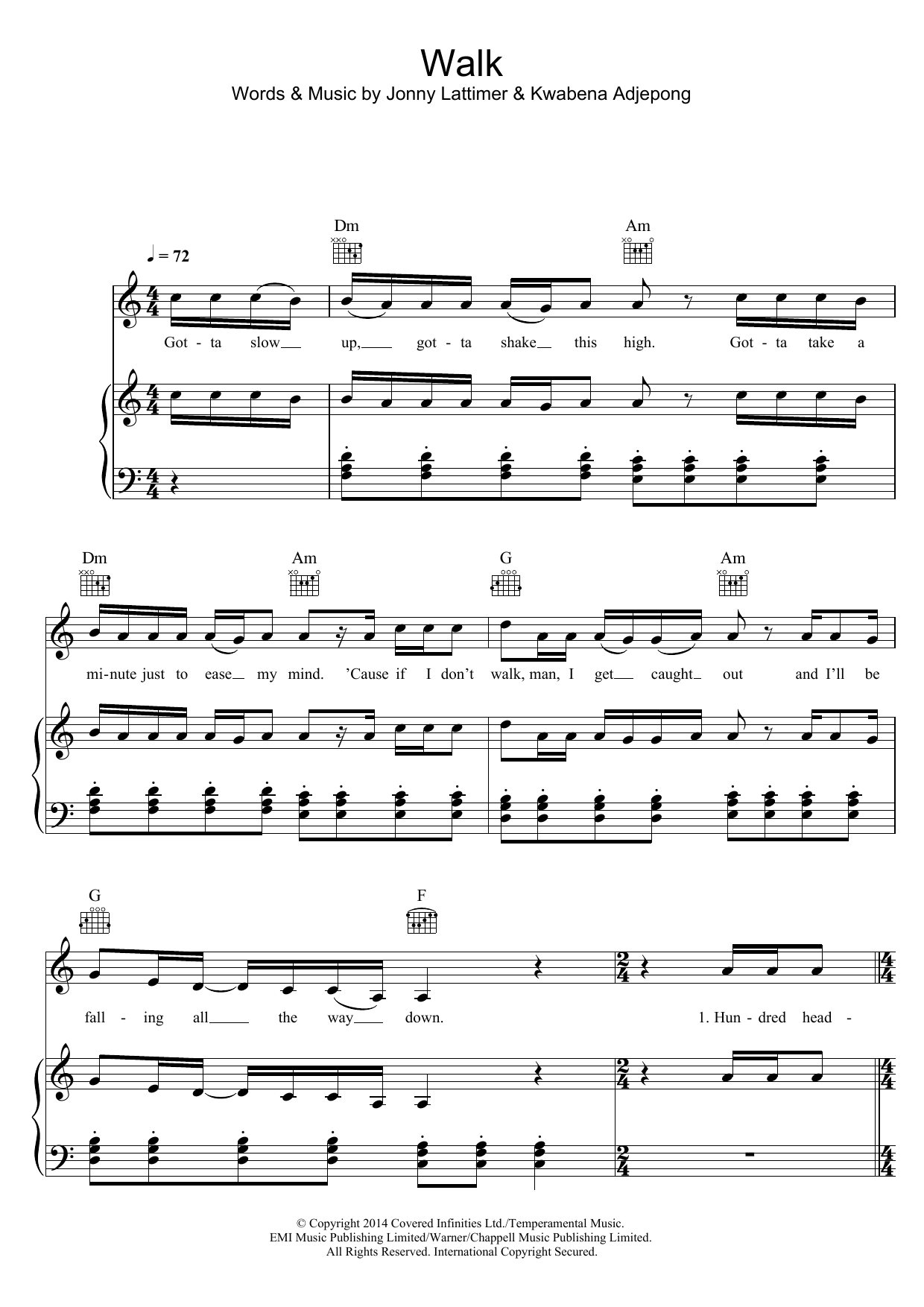 Kwabs Walk sheet music notes and chords arranged for Piano, Vocal & Guitar Chords