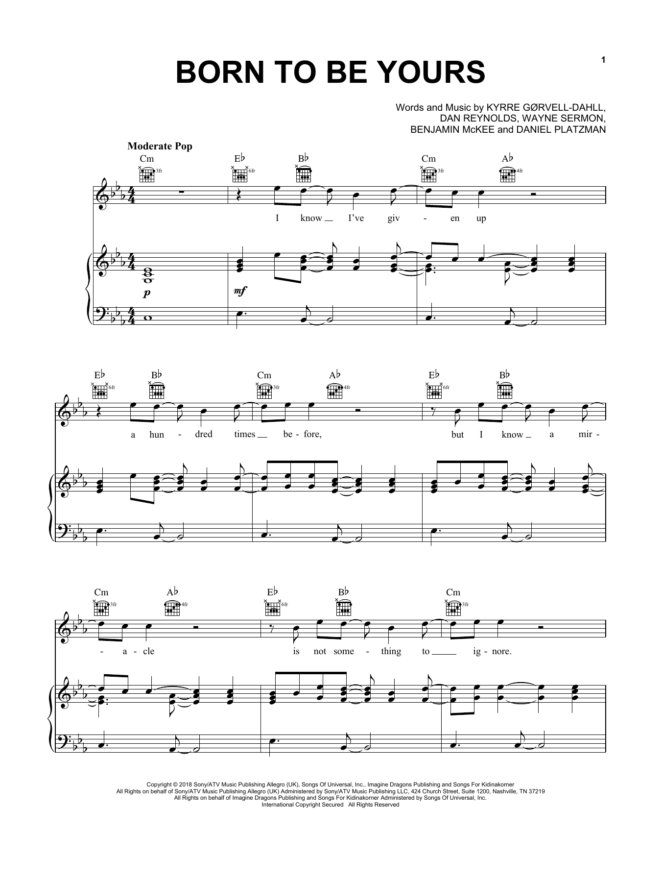 Kygo & Imagine Dragons Born To Be Yours sheet music notes and chords arranged for Piano, Vocal & Guitar Chords (Right-Hand Melody)