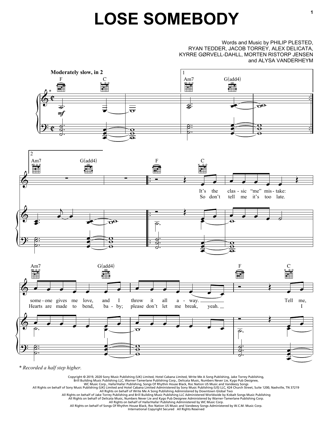 Kygo & OneRepublic Lose Somebody sheet music notes and chords arranged for Piano, Vocal & Guitar Chords (Right-Hand Melody)
