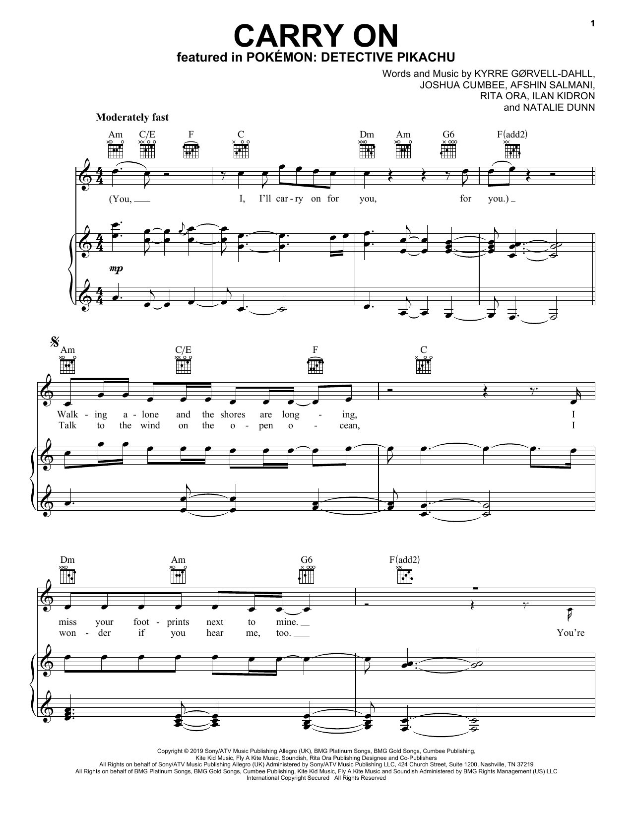 Kygo & Rita Ora Carry On (from Pokémon Detective Pikachu) sheet music notes and chords arranged for Piano, Vocal & Guitar Chords (Right-Hand Melody)