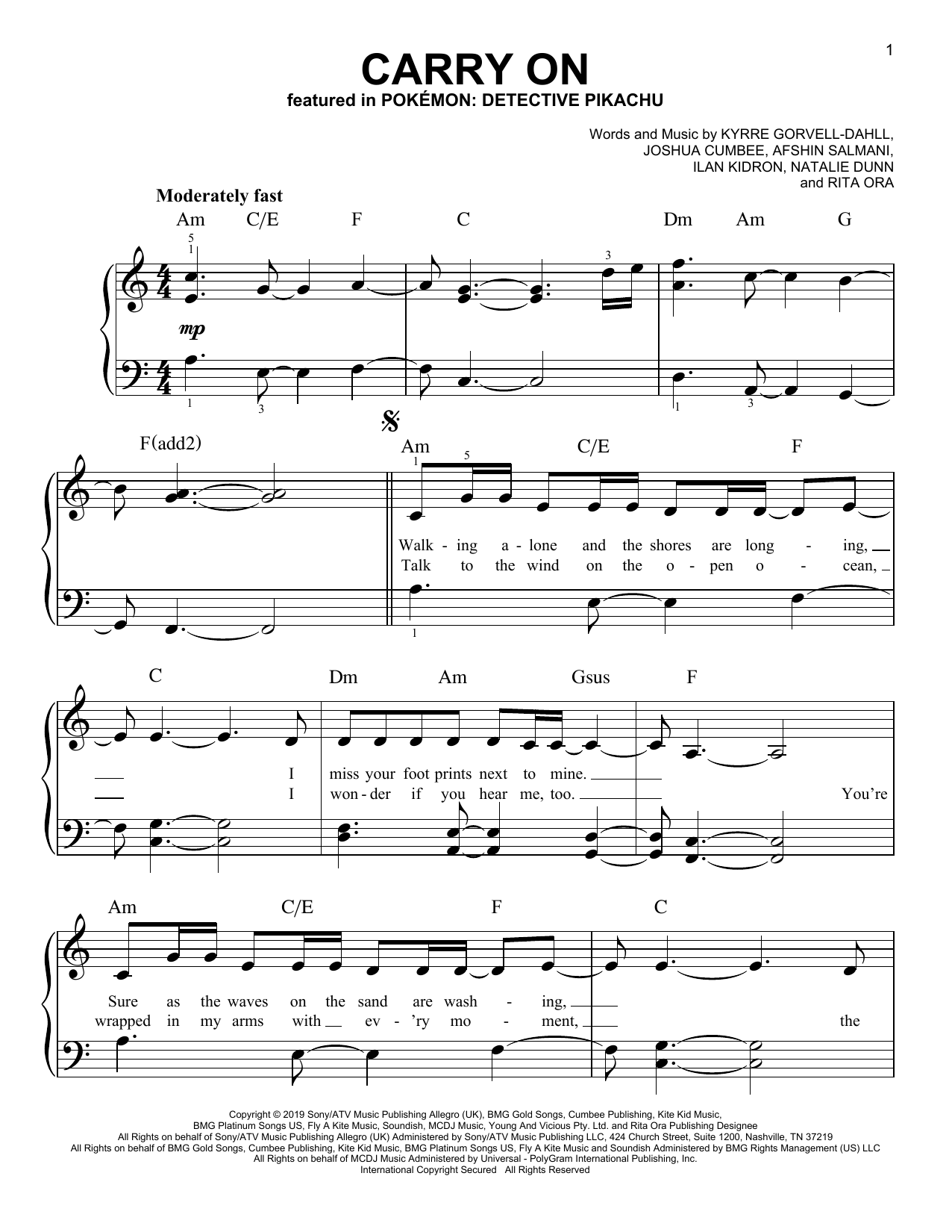 Kygo & Rita Ora Carry On (from Pokémon: Detective Pikachu) sheet music notes and chords arranged for Easy Piano