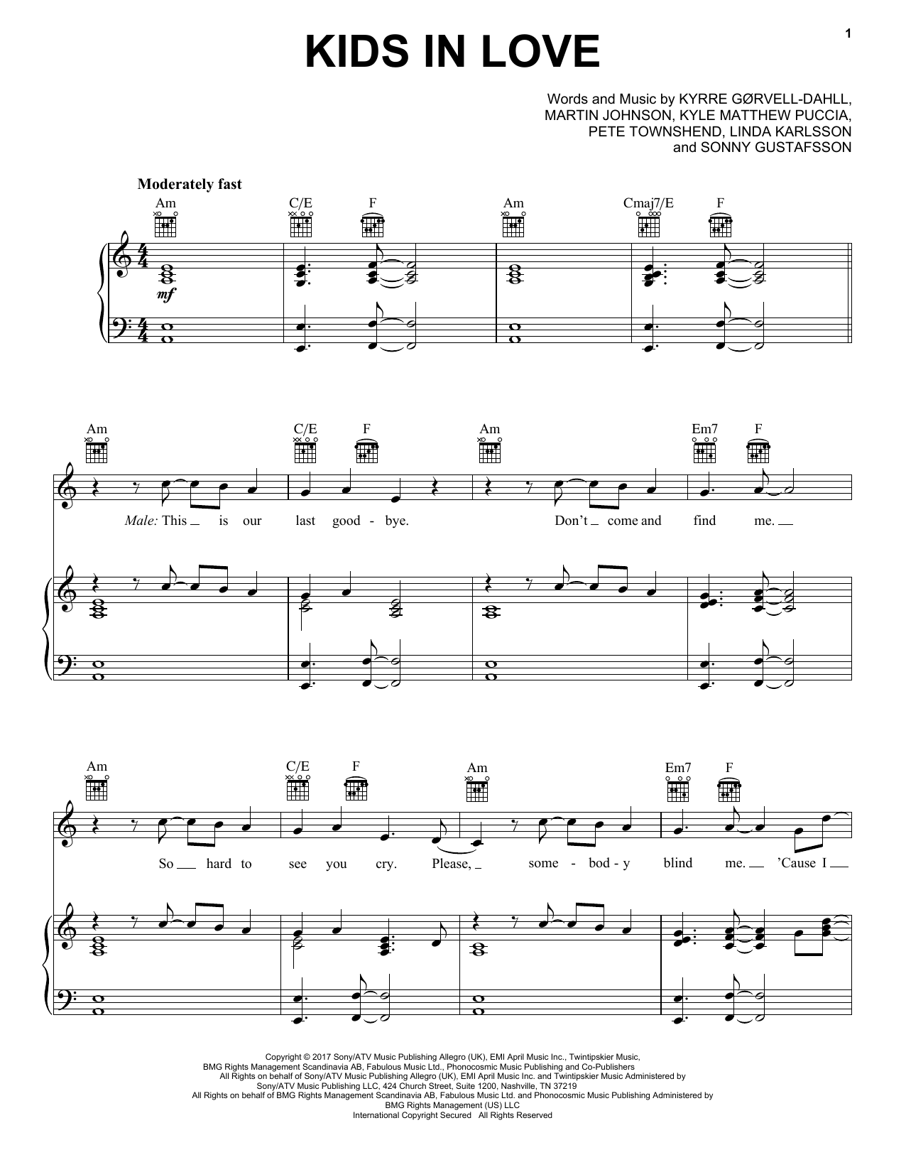 Kygo feat. The Night Game Kids In Love sheet music notes and chords arranged for Piano, Vocal & Guitar Chords (Right-Hand Melody)