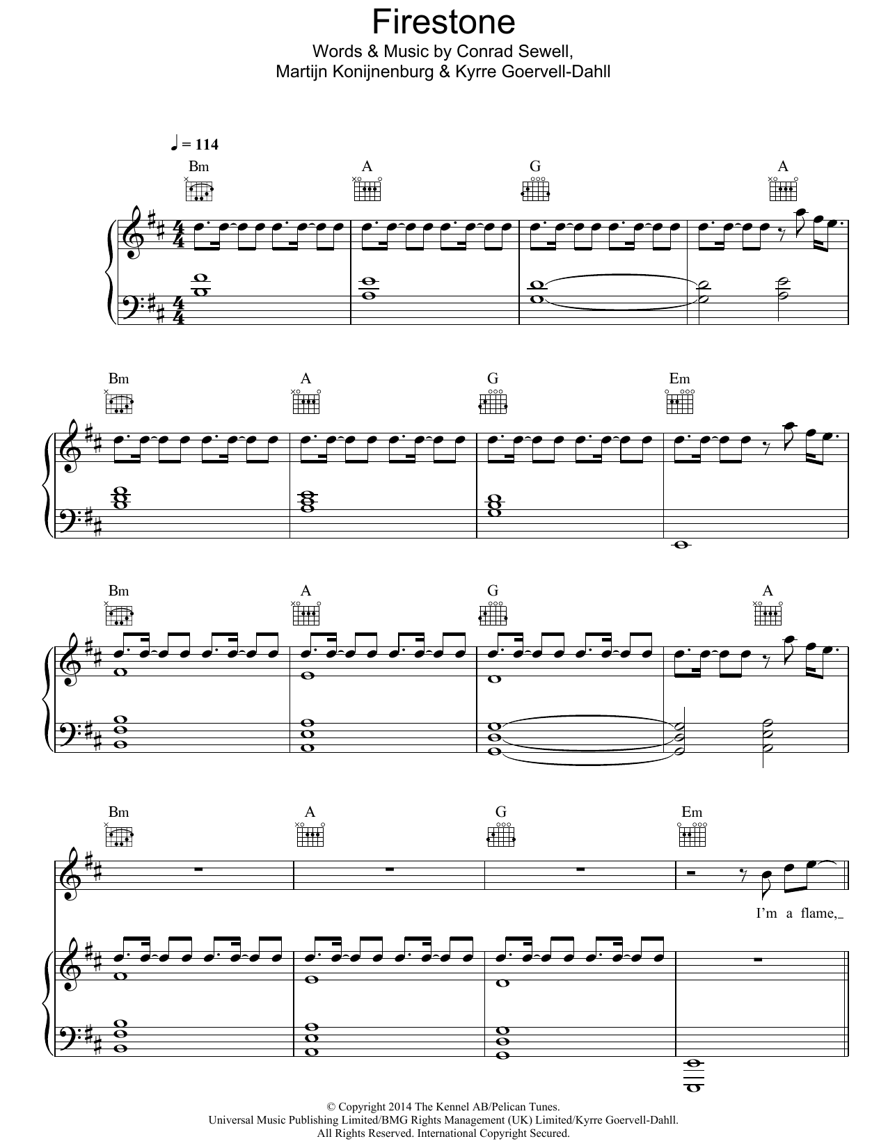 Kygo Firestone (featuring Conrad Sewell) sheet music notes and chords arranged for Piano, Vocal & Guitar Chords